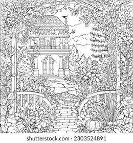 coloring page with a lake view and garden in garden for adults, in the style of dark white and light silver, whimsical illustration, characterful pen and ink, timeless artistry