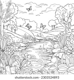 coloring page with a lake view and garden in garden for adults, in the style of dark white and light silver, whimsical illustration, characterful pen and ink, timeless artistry