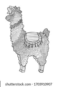 Coloring page lama outline. Book page line art antistress. Doodle character on white backdrop. Vector outline illustration. Zen tangle coloring book. Wildlife animal cartoon character. Vector isolated