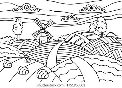 Coloring page with landscape with agricultural fields and a mill. Vector illustration. Antistress, meditation for kids and adults