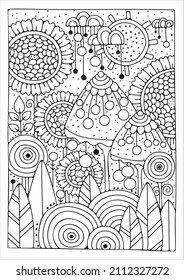 Coloring page with large flower and buds. Vector black and white background for coloring. Art therapy. Art line.