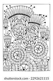 Coloring page with large flower and buds. Vector black and white background for coloring. Art therapy. Art line.