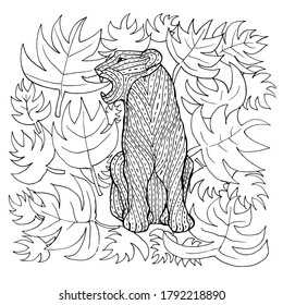 Coloring page with leopard and different kinds of leaves. Vector stock illustration. Anti stress coloring book for children and adults. 