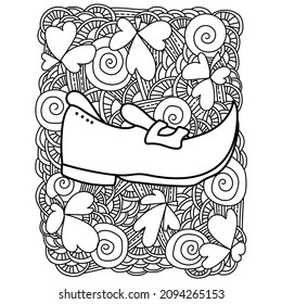 Coloring page with leprechaun's boot for St. Patrick's day, ornate patterns for festive activity vector illustration