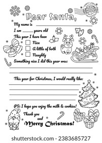 Coloring page Letter to Santa. For print. Christmas wish list. Template for children