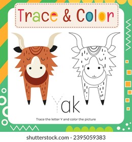 Coloring page for Letter Tracing Book. Trace letter Y in word Yak and color picture. Flash card for toddler and teacher. Vector printable page for Exercise book