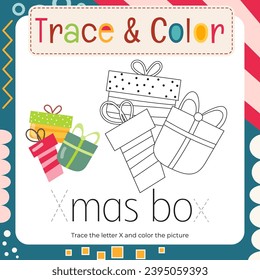 Coloring page for Letter Tracing Book. Trace letter X in word Xmas box and color picture. Flash card for toddler and teacher. Vector printable page for Exercise book