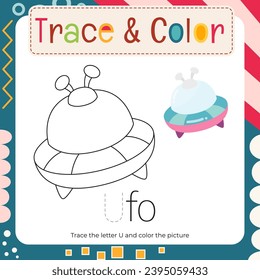 Coloring page for Letter Tracing Book. Trace letter U in word Ufo and color picture. Flash card for toddler and teacher. Vector printable page for Exercise book