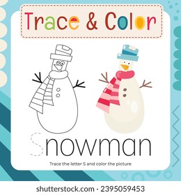 Coloring page for Letter Tracing Book. Trace letter S in word Snowman and color picture. Flash card for toddler and teacher. Vector printable page for Exercise book