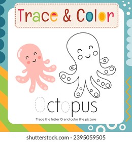 Coloring page for Letter Tracing Book. Trace letter O in word Octopus and color picture. Flash card for toddler and teacher. Vector printable page for Exercise book