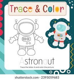 Coloring page for Letter Tracing Book. Trace letter A in word Astronaut and color picture. Flash card for toddler and teacher. Vector printable page for Exercise book