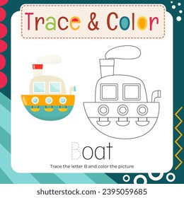 Coloring page for Letter Tracing Book. Trace letter B in word Boat and color picture. Flash card for toddler and teacher. Vector printable page for Exercise book