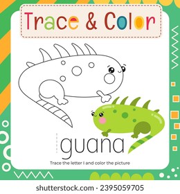Coloring page for Letter Tracing Book. Trace letter I in word Iguana and color picture. Flash card for toddler and teacher. Vector printable page for Exercise book