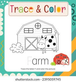 Coloring page for Letter Tracing Book. Trace letter F in word Farm and color picture. Flash card for toddler and teacher. Vector printable page for Exercise book