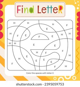 Coloring page for Letter Tracing Book. Color by letter E. Flash card for toddler and teacher. Vector printable page for Activity book