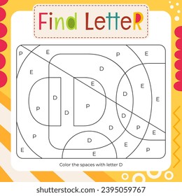 Coloring page for Letter Tracing Book. Color by letter D. Flash card for toddler and teacher. Vector printable page for Activity book