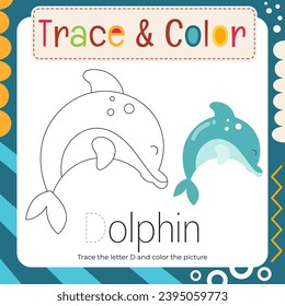 Coloring page for Letter Tracing Book. Trace letter D in word Dolphin and color picture. Flash card for toddler and teacher. Vector printable page for Exercise book