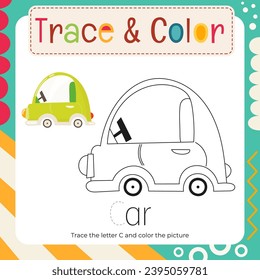 Coloring page for Letter Tracing Book. Trace letter C in word Car and color picture. Flash card for toddler and teacher. Vector printable page for Exercise book