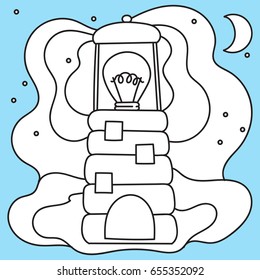 Coloring page with lighthouse, vector illustration