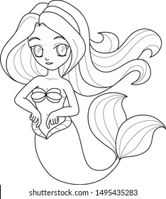 Coloring page line art cute little mermaid underwater world  Black   white  Vector illustration for coloring book  Cartoon magic young girl undersea  fantastic creature isolated white 