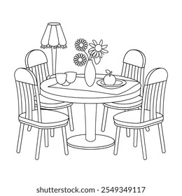  Uma ilustração colorida da arte da linha da página de uma mesa de jantar redonda da mobília com quatro cadeiras 