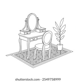 A coloring page line art illustration of a dressing table one chair 