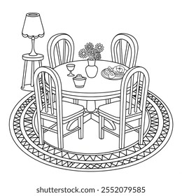 A coloring page line art illustration of a round shape of a furniture dining table The table has four chairs