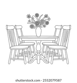 A coloring page line art illustration of a round shape of a furniture dining table The table has four chairs