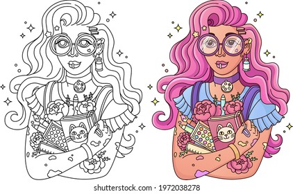 Coloring page, line drawing for coloring. Beautiful young artist girl with colored hair in glasses, holds art supplies. Art student girl picture for coloring book.