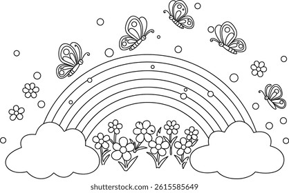 coloring page, line drawing of rainbow and butterflies. ready to print on standard 