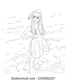 Coloring page linear drawing, young girl with big eyes stands in water and looks aside