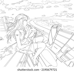 Dibujo lineal de página coloreada, la joven adolescente se sienta en lo alto del techo y mira la ciudad
