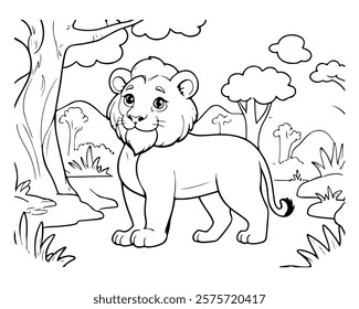 Coloring page of lion for kids coloring book