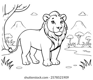 Coloring page of lion for kids coloring book