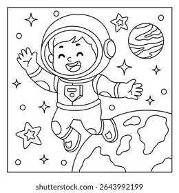 coloring page of a little astronaut floating in space with a background of stars and planets. Illustration for learning to color for children on the theme of outer space