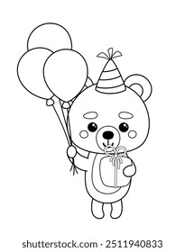 Colorindo página. Ursinho pequeno com balões e presente. Festa de aniversário. Urso preto e branco. Colorir-me. Ilustração vetorial isolada eps 10