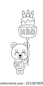 Página para colorear. Osito pequeño y globo grande HBD. Oso blanco y negro. Coloreame. Ilustración vectorial aislada eps 10