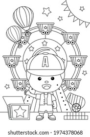 Coloring page of little boy in front of Ferris wheel at amusement park