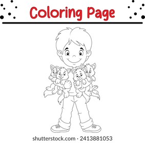 Coloring page little boy hugging kitten