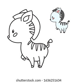 Coloring page for little children. Outlined illustration of a cute zebra in cartoon style. Vector 8 EPS.