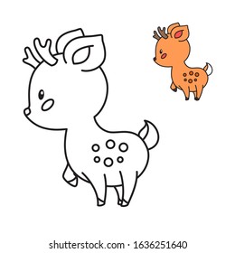 Coloring page for little children. Outlined illustration of a cute deer in cartoon style. Vector 8 EPS.