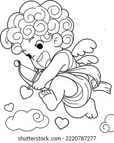 coloring page little Cupid is shooting love arrows at the couple on Valentine's day.vector illustration outline on white background