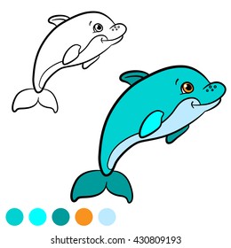Coloring page. Little cute baby dolphin swims and smiles. He is happy.