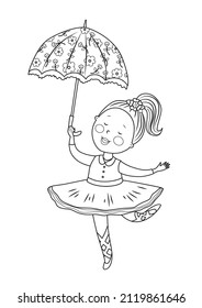 Coloring page with little cute ballerina, dancing princess. Outline cartoon vector illustration for coloring book. Kids activities and education.