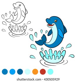 Coloring page. Little cute dolphin jumps out of the water with splash. He is happy.