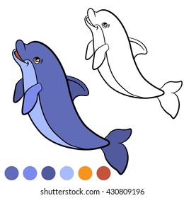 Coloring page. Little cute dolphin jumps and smiles. He is happy.