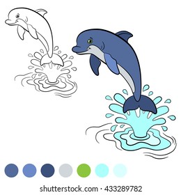 Coloring page. Little cute dolphin jumps out of the water with splash. He is happy.