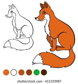Coloring page. Little cute fox sits and smiles.
