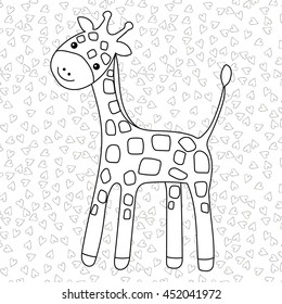 Coloring page Little cute giraffe stands and smiles with hearts on background for kid colouring book. Vector illustration.