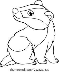 Coloring page. Little cute gray baby badger stits and smiles.